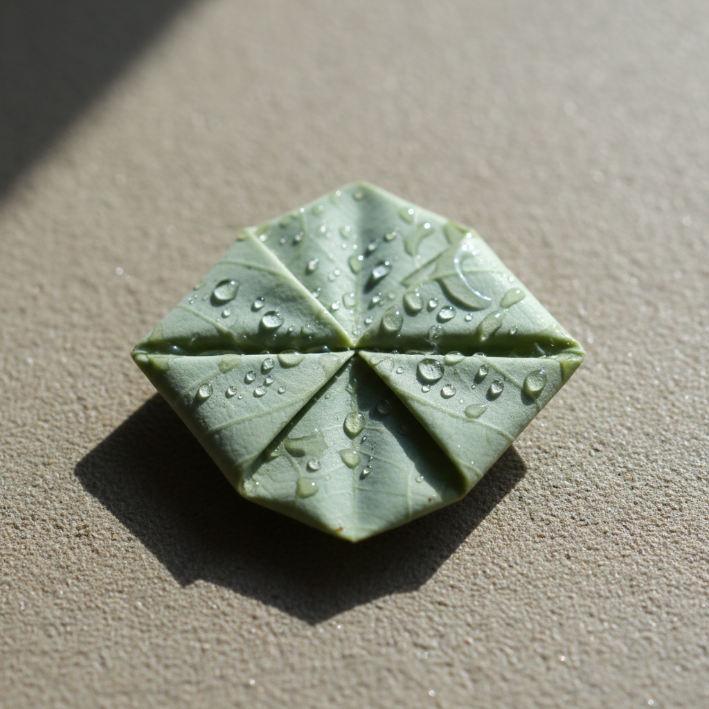 A close-up of a meticulously folded lotus leaf, dew droplets accentuating its subtle textures and pale green tones with gray-blue undertones. The leaf rests on a matte, neutral-toned surface resembling hand-finished clay, with delicate, diffused natural lighting emphasizing its refined structure and gentle curves. Soft shadows and elegant gradients transition from light to shadow, enhancing the tranquil and sophisticated atmosphere. The camera angle is slightly above, focusing tightly on the form and surface details while allowing the muted background to softly blur. The minimalist, photographic realism highlights the interplay between ancient natural wisdom and elegant modern composition, ideal for a human optimization theme.